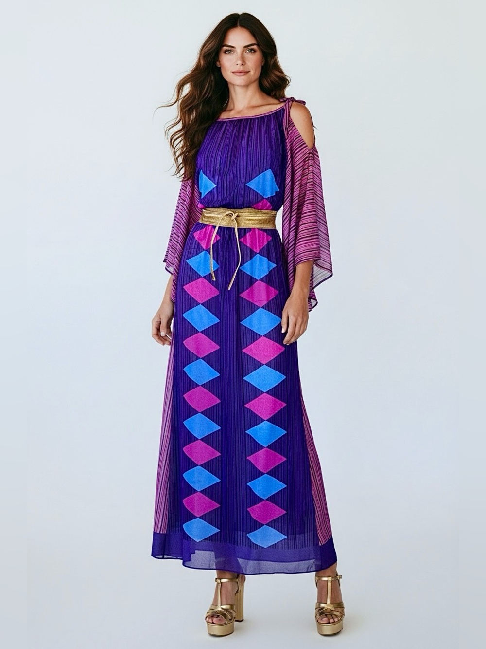 70s Purple Boho Kimono Sleeve Cold Shoulder Harlequin Maxi Dress | S M